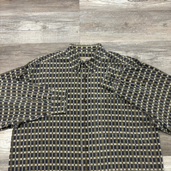 Vintage 90s The Territory Ahead Tan Blue Mens XL Grid Check Button Shirt Funky - Picture 1 of 7